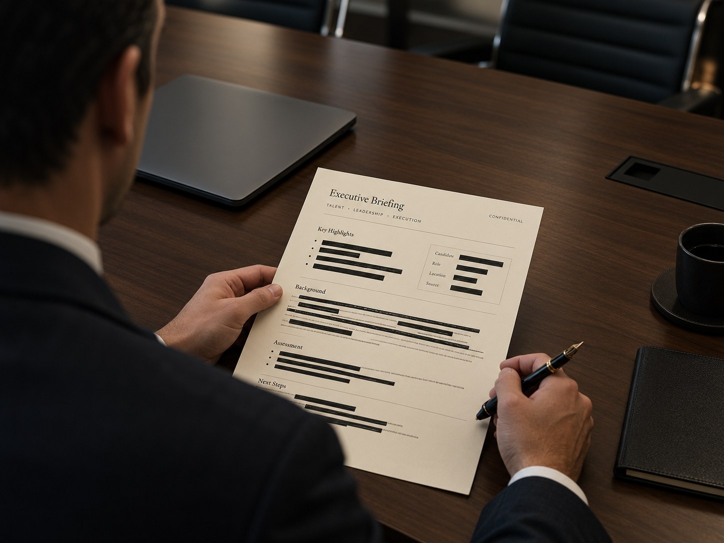 Consultant preparing a confidential executive briefing document