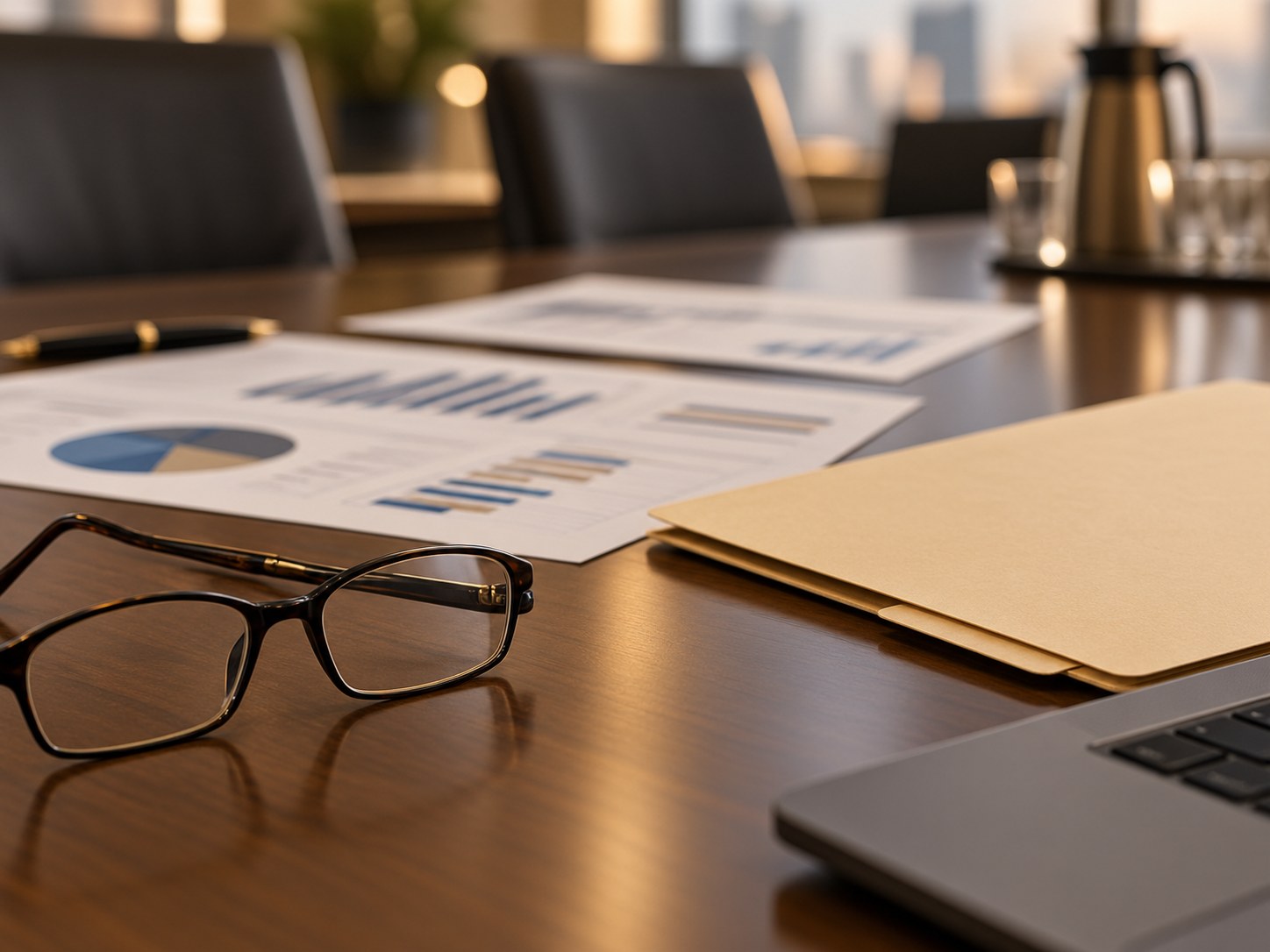 Printed compensation charts and a laptop on a conference table