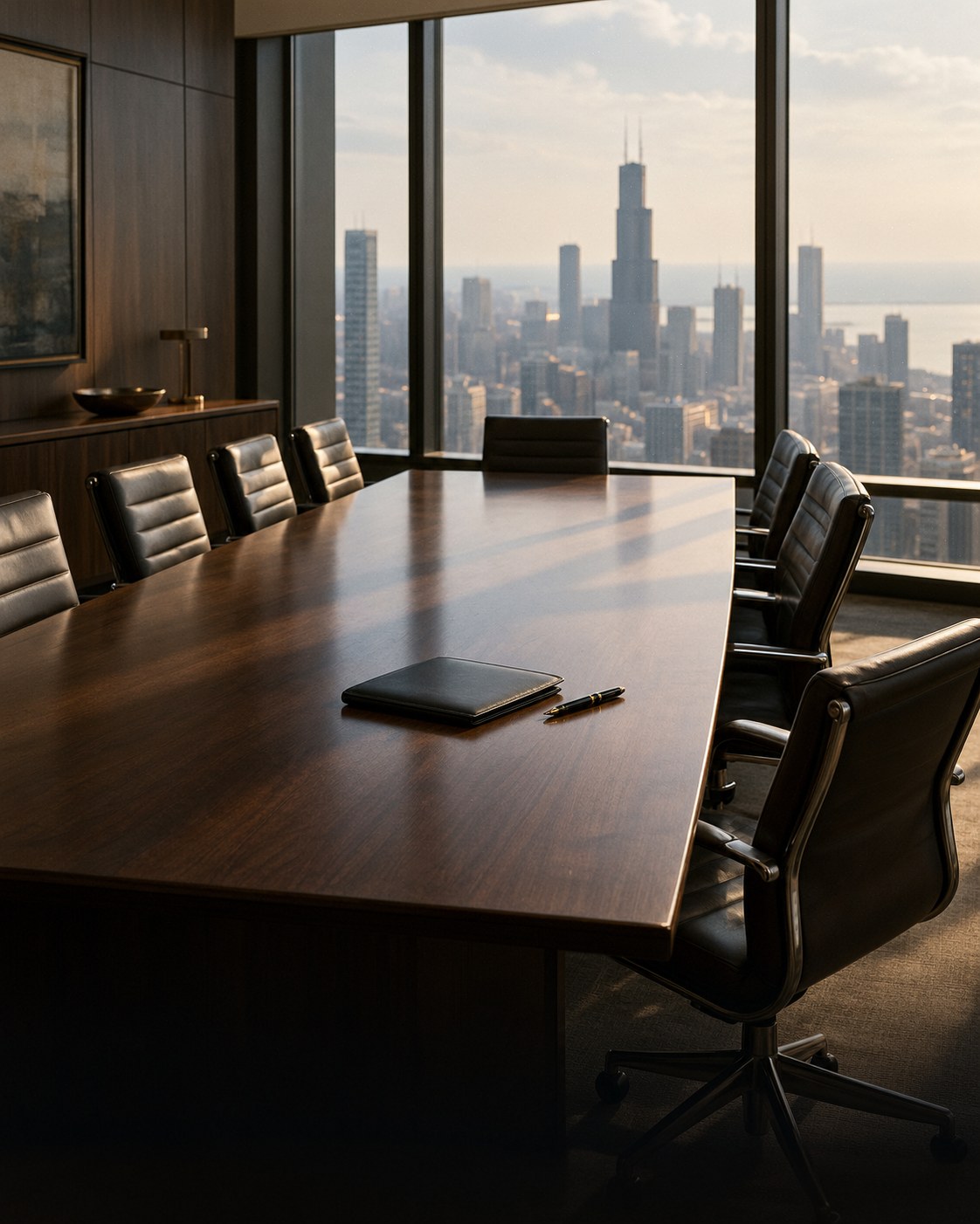 Executive boardroom overlooking the Chicago skyline, prepared for a confidential search meeting