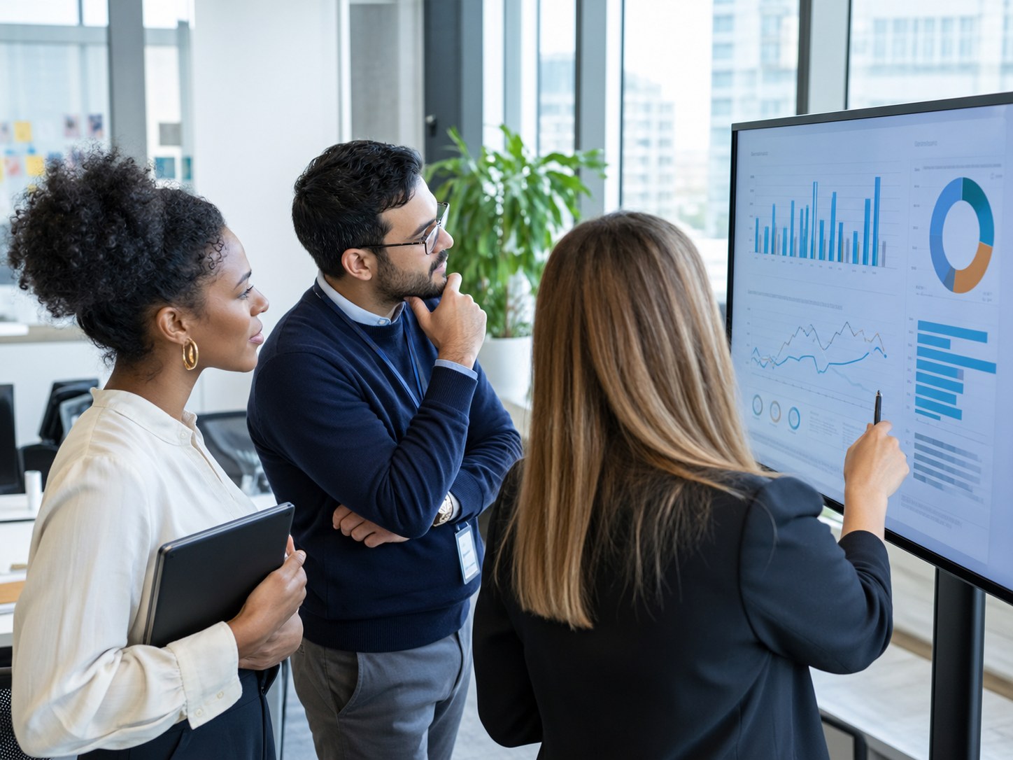 Team reviewing workforce analytics on a large monitor